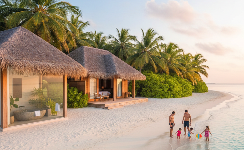A real photograph of a luxurious beach villa nestled in lush green palm trees with direct access to a white sandy beach and turquoise ocean.