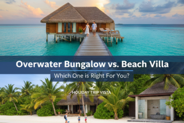 A split-screen poster showing a luxury overwater bungalow on a turquoise lagoon and a tropical beach villa with a family on white sand.