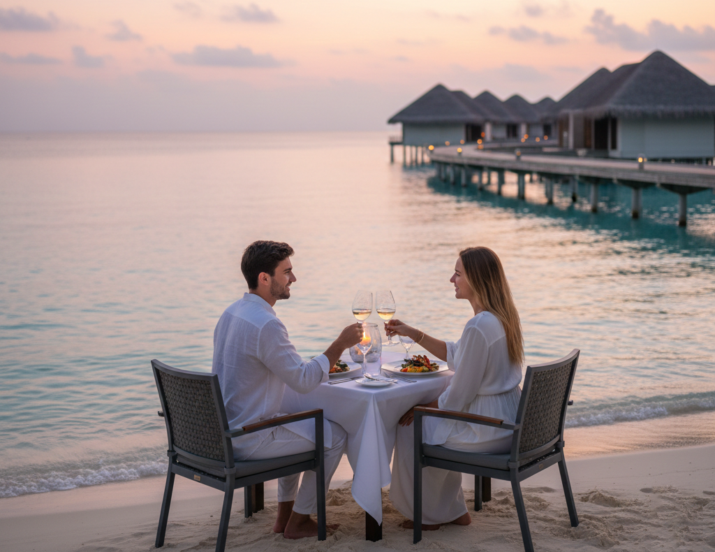 Couple enjoying a romantic candlelight beach dinner at Iru Veli Maldives with overwater villas in the background