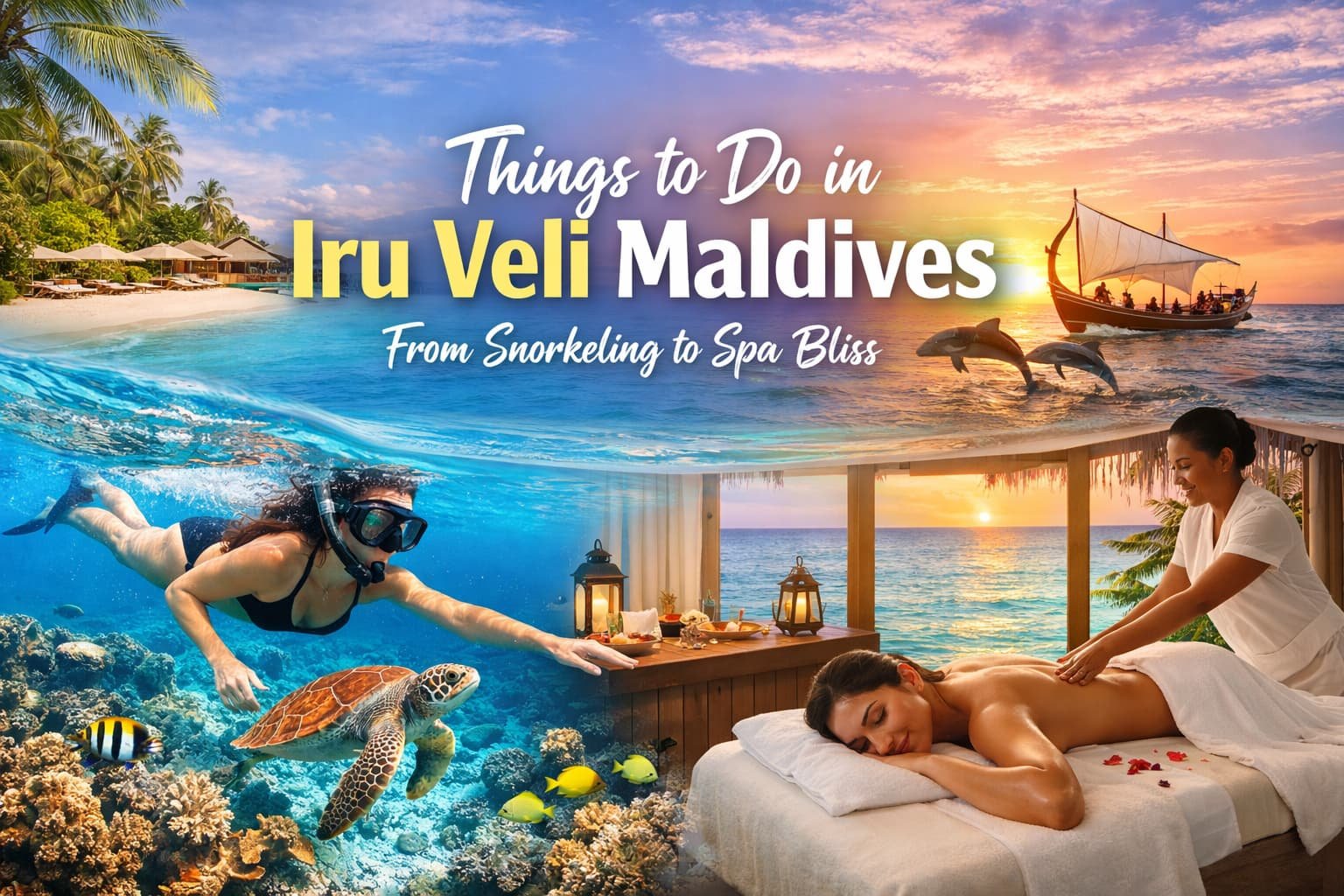 Things to do in Iru Veli Maldives including snorkeling in turquoise waters and relaxing overwater spa experience