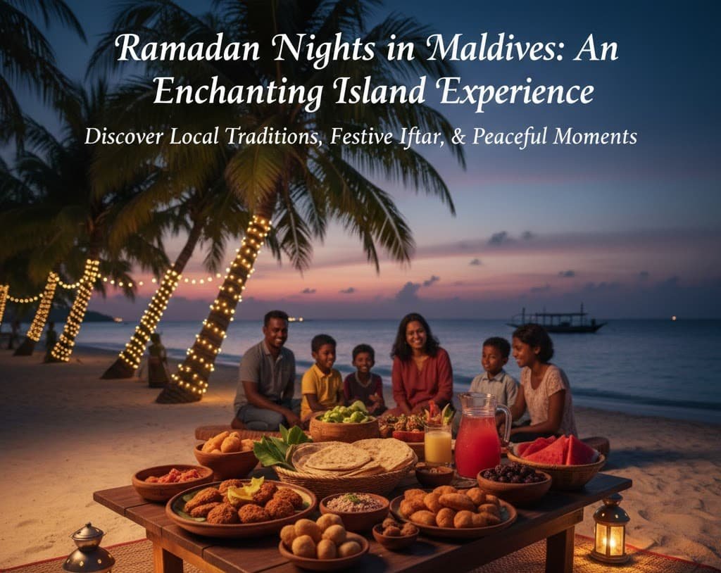 A Maldivian family sharing a traditional Iftar meal on a sandy beach under palm trees decorated with fairy lights at sunset.