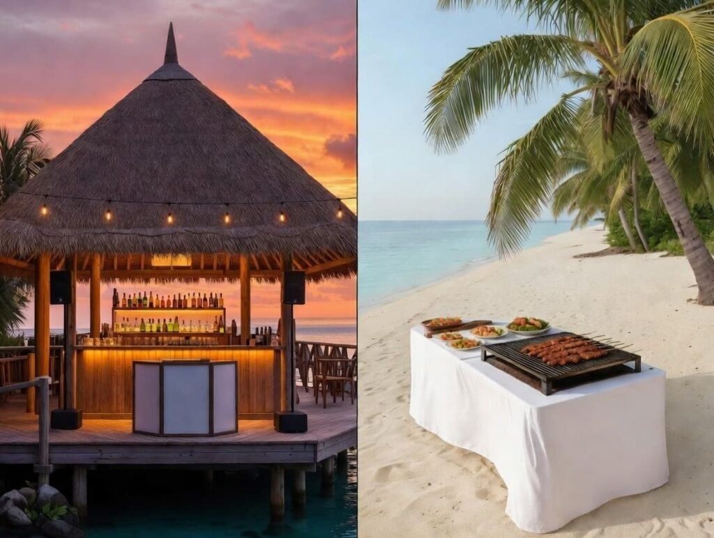 Standard Huruvalhi Maldives nightlife and dining at sunset: overwater thatched bar with string lights and a beautiful beach BBQ station on white sand.