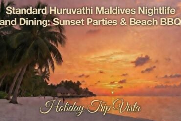 Standard Huruvalhi Maldives nightlife and dining at stunning sunset with palm trees, wooden beach walkway and overwater villas – perfect for sunset parties and beach BBQ