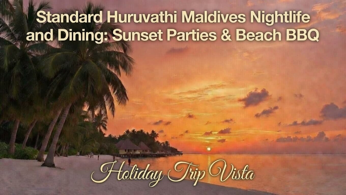 Standard Huruvalhi Maldives nightlife and dining at stunning sunset with palm trees, wooden beach walkway and overwater villas – perfect for sunset parties and beach BBQ