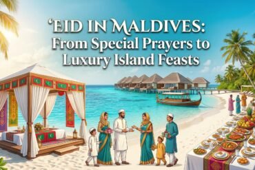 A celebratory scene of Eid in Maldives featuring a family in traditional attire on a white sand beach, a luxury dining setup, and overwater villas in the background.