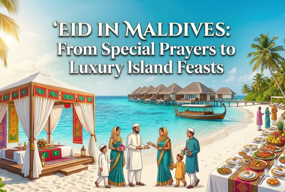 A celebratory scene of Eid in Maldives featuring a family in traditional attire on a white sand beach, a luxury dining setup, and overwater villas in the background.