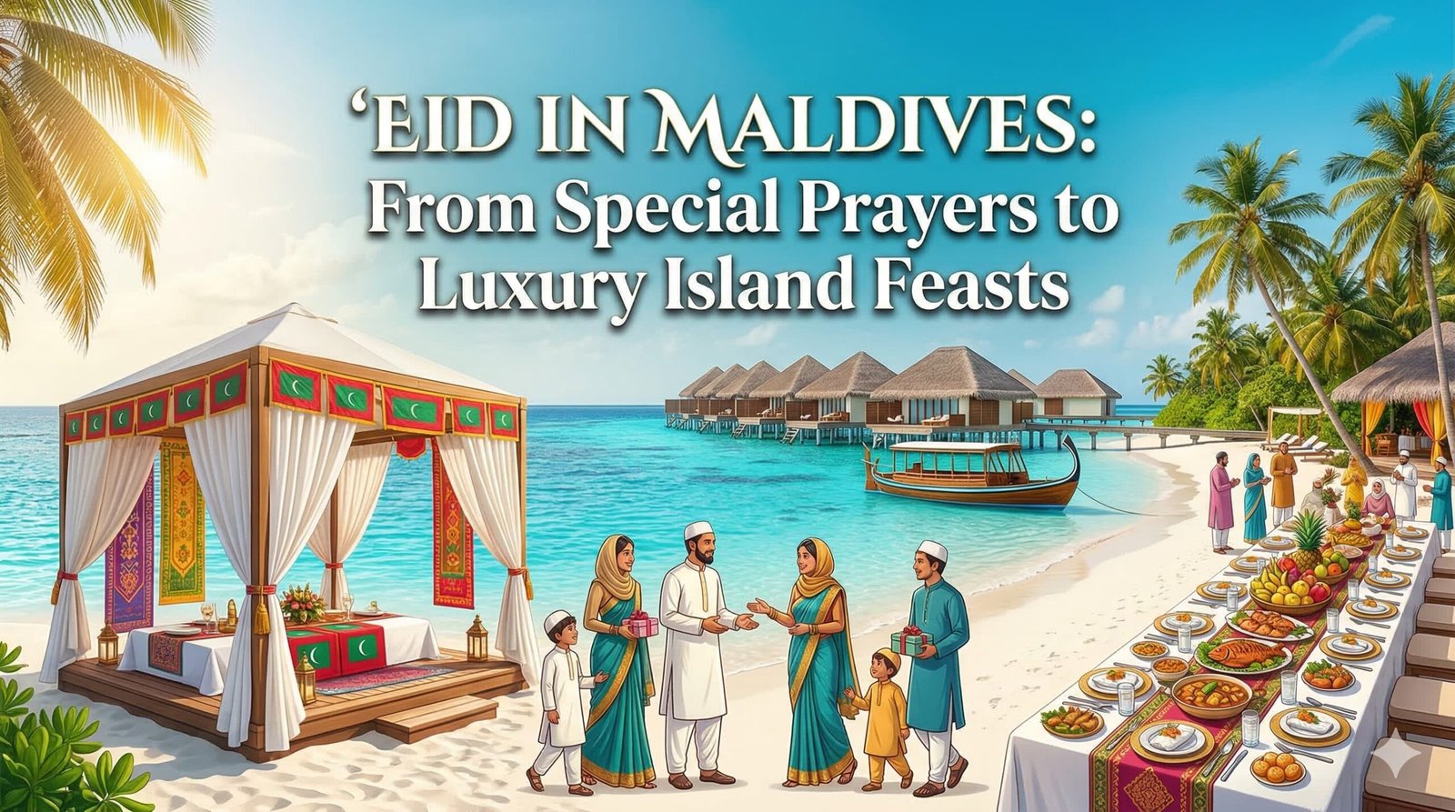 A celebratory scene of Eid in Maldives featuring a family in traditional attire on a white sand beach, a luxury dining setup, and overwater villas in the background.