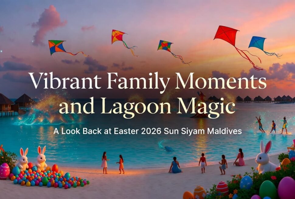Colorful Easter 2026 celebration at Sun Siyam Maldives showing happy families on a white sandy beach with turquoise lagoon, flying kites, Easter eggs, and bunnies during sunset. Large text overlay reads 'Vibrant Family Moments and Lagoon Magic – A Look Back at Easter 2026 Sun Siyam Maldives'.