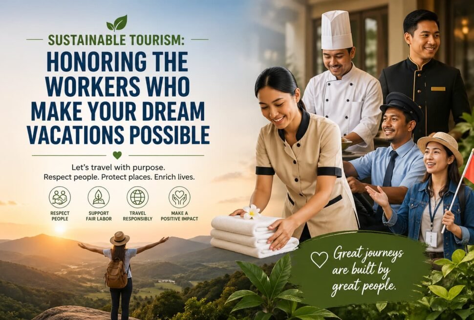 Hospitality workers including hotel staff, chef, and tour guide with scenic landscape representing sustainable tourism and ethical travel
