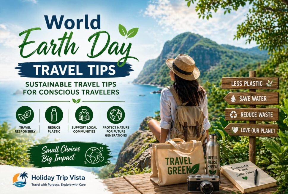 World Earth Day travel tips banner showing eco friendly traveler with sustainable travel icons and nature landscape