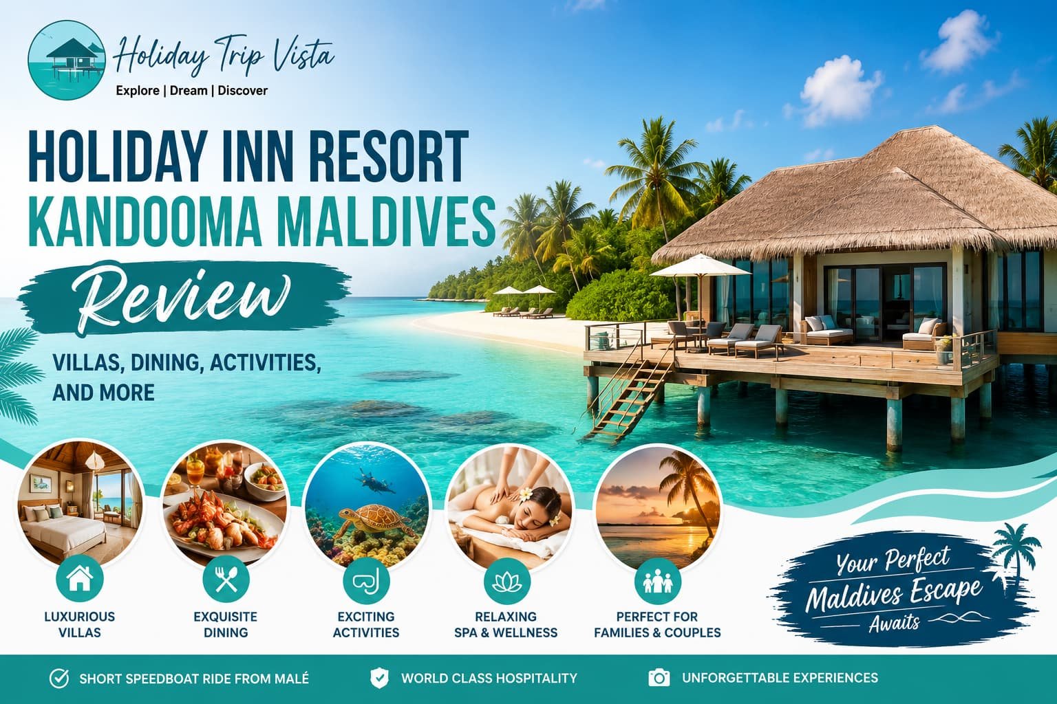 Luxury overwater villa at Holiday Inn Resort Kandooma Maldives with turquoise lagoon, tropical island scenery, and travel highlights