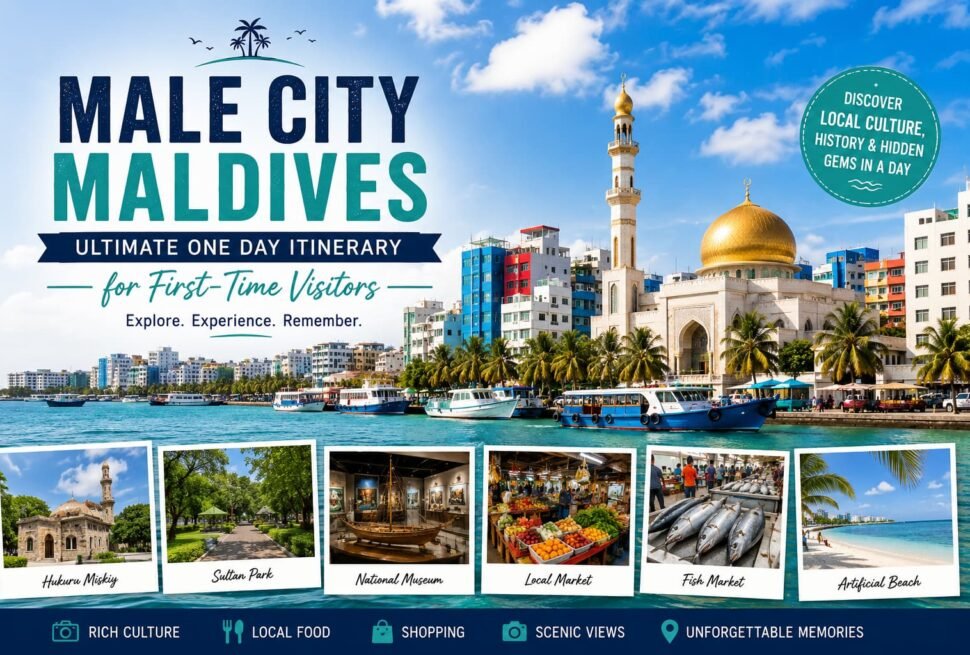 Male City Maldives waterfront with mosque, boats, colorful buildings and travel highlights for one day itinerary