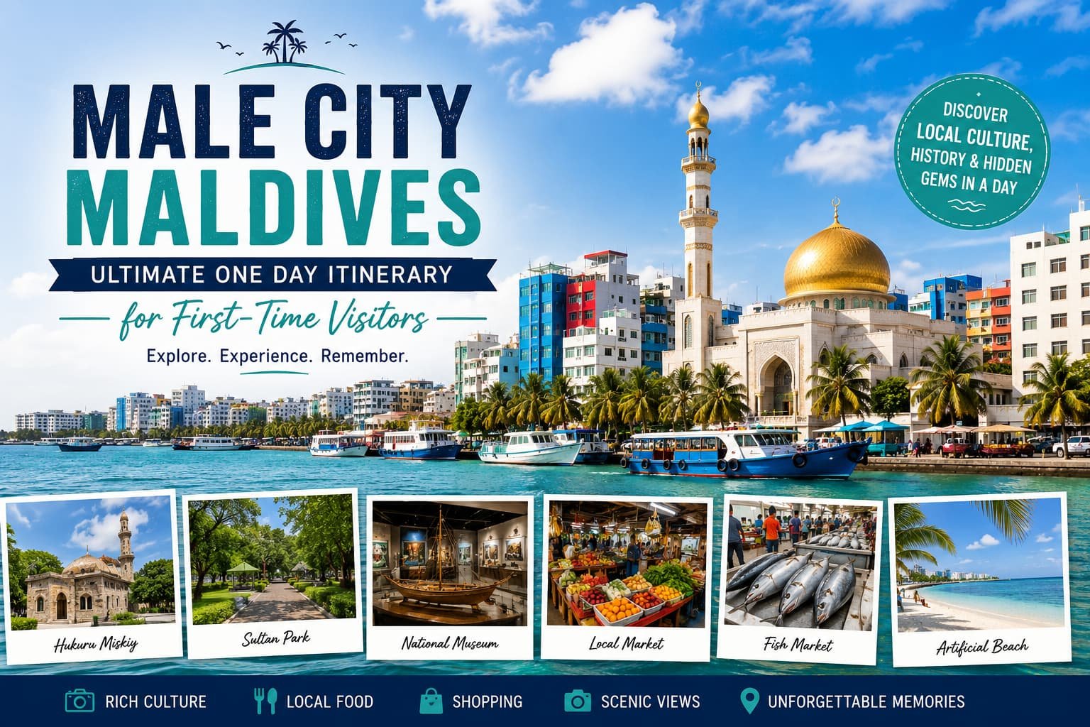 Male City Maldives waterfront with mosque, boats, colorful buildings and travel highlights for one day itinerary