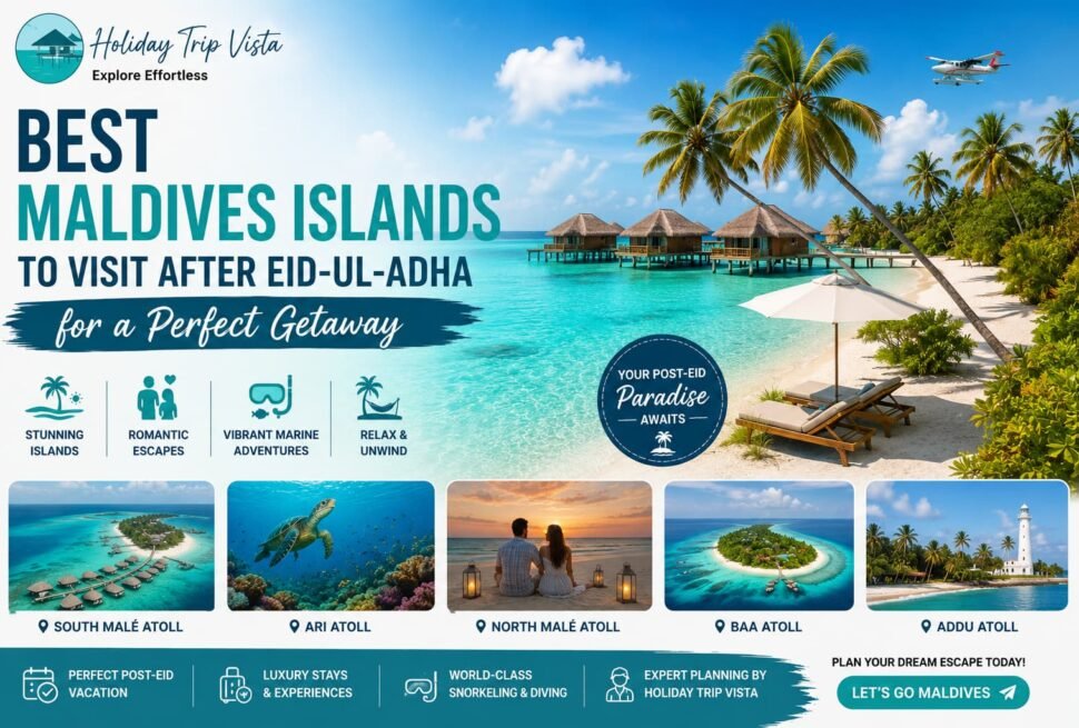 Beautiful Maldives islands with overwater villas, turquoise lagoon, palm trees, and top atolls featured for a post-Eid holiday getaway
