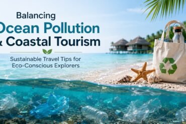 Ocean pollution beneath a tropical beach highlighting the impact of coastal tourism and the importance of sustainable travel practices