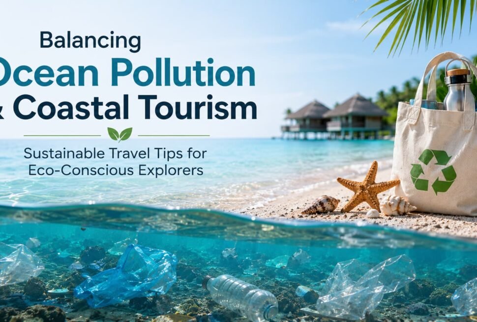 Ocean pollution beneath a tropical beach highlighting the impact of coastal tourism and the importance of sustainable travel practices