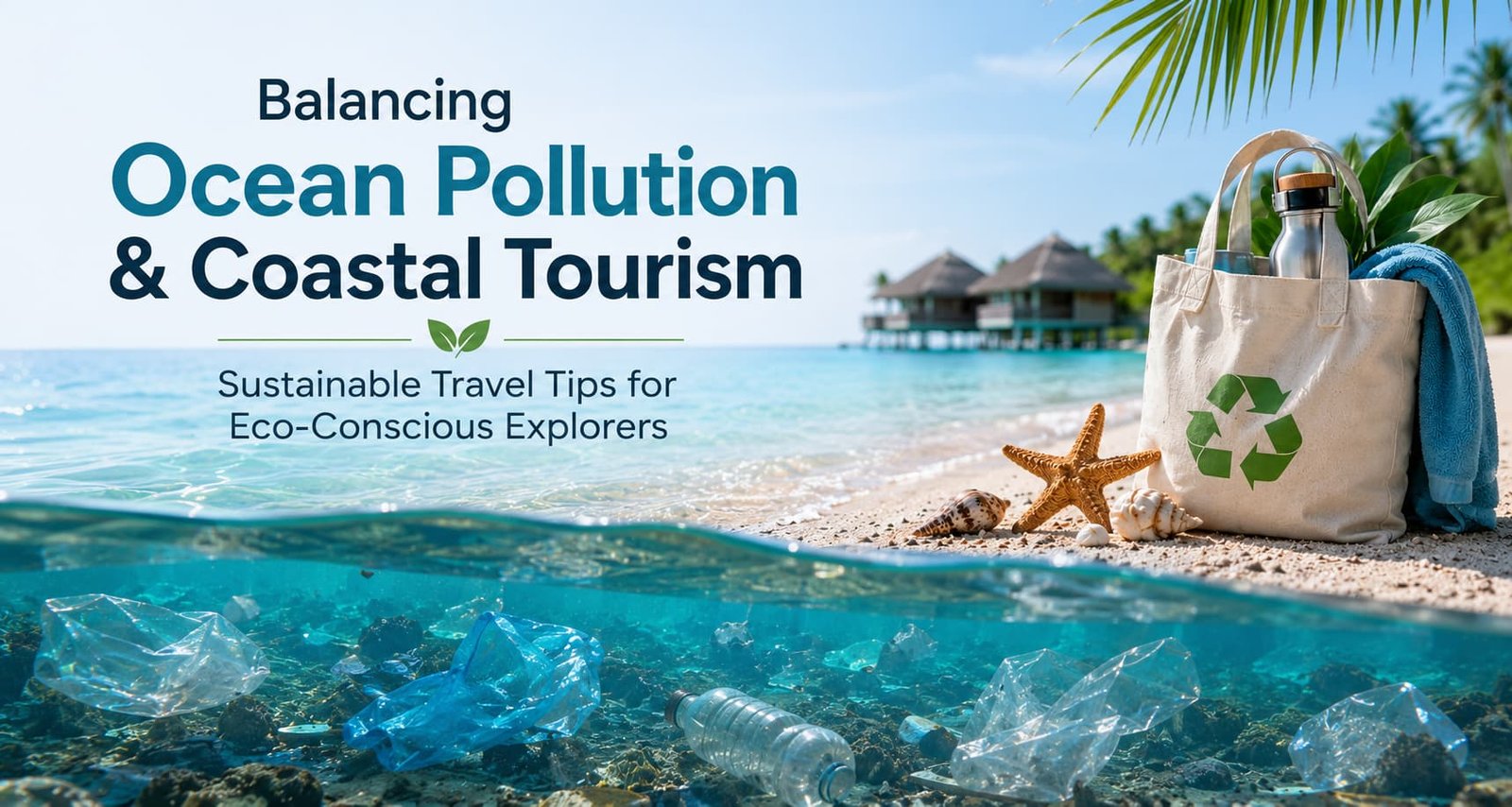 Ocean pollution beneath a tropical beach highlighting the impact of coastal tourism and the importance of sustainable travel practices