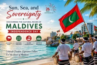 Vibrant Maldivian flag waving against a bright blue sky with turquoise ocean waters and traditional cultural performers celebrating Independence Day in the Maldives