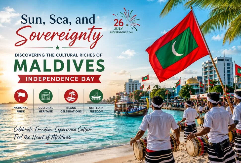 Vibrant Maldivian flag waving against a bright blue sky with turquoise ocean waters and traditional cultural performers celebrating Independence Day in the Maldives