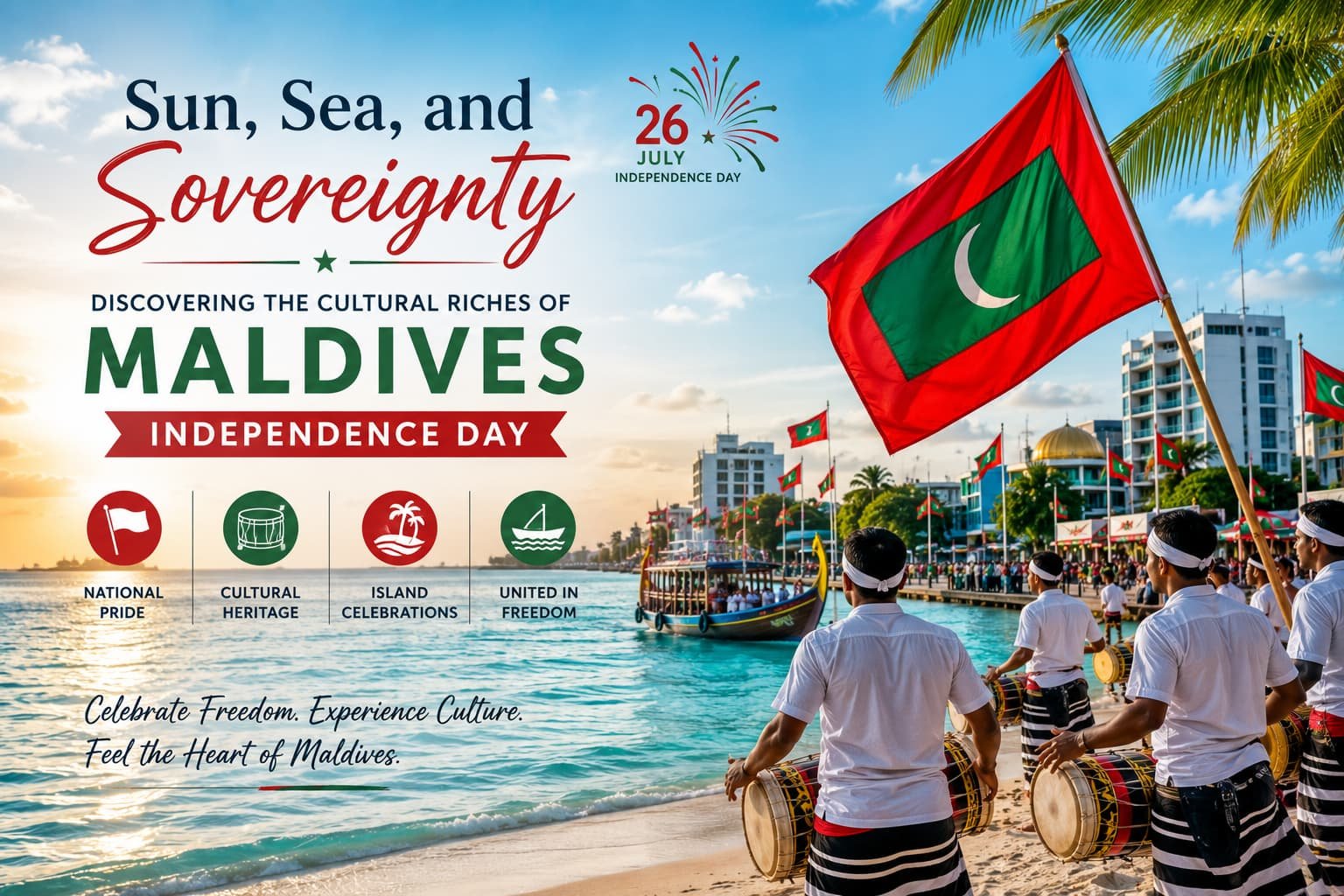 Vibrant Maldivian flag waving against a bright blue sky with turquoise ocean waters and traditional cultural performers celebrating Independence Day in the Maldives