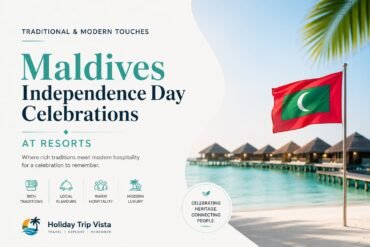 Traditional and modern touches in Maldives Independence Day celebrations at resorts with flag raising and cultural elements on the beach