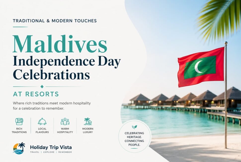 Traditional and modern touches in Maldives Independence Day celebrations at resorts with flag raising and cultural elements on the beach