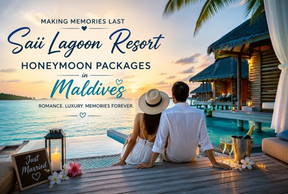 Romantic couple enjoying a sunset at Saii Lagoon Resort Maldives with luxurious overwater villas during their honeymoon