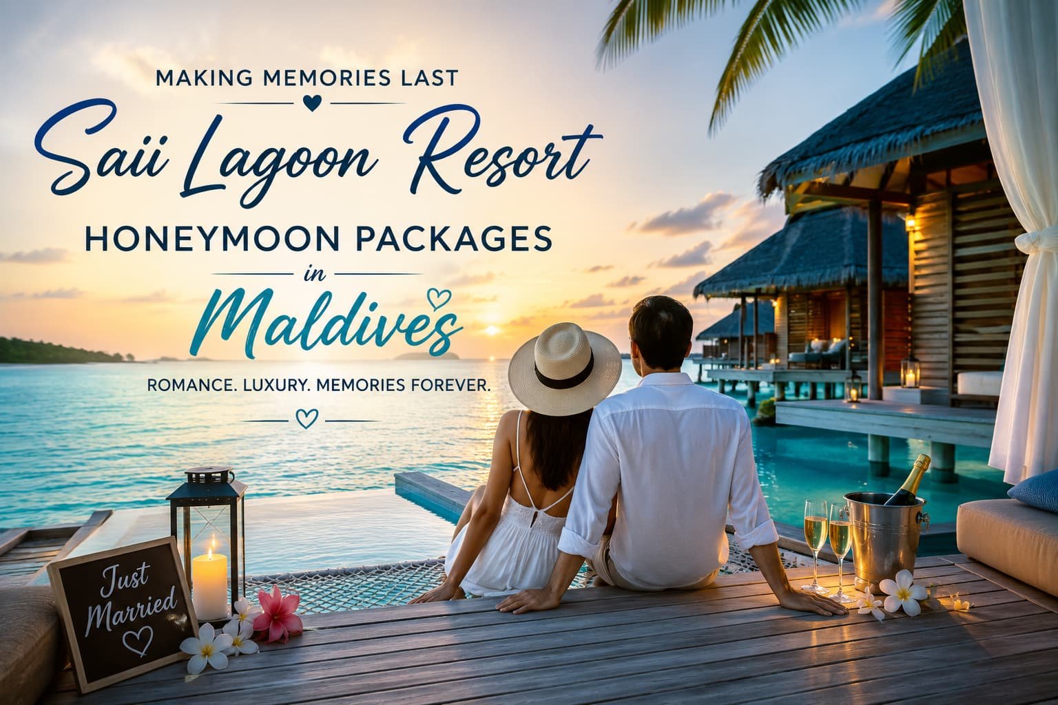 Romantic couple enjoying a sunset at Saii Lagoon Resort Maldives with luxurious overwater villas during their honeymoon