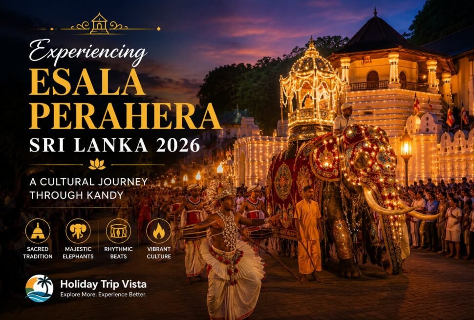 Esala Perahera Sri Lanka 2026 procession in Kandy featuring a decorated elephant, traditional dancers, drummers, and illuminated Temple of the Tooth