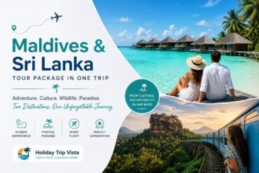 Luxury Maldives overwater villas and Sri Lanka Sigiriya Rock Fortress with scenic train journey representing a combined Maldives and Sri Lanka tour package