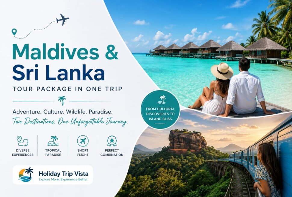 Luxury Maldives overwater villas and Sri Lanka Sigiriya Rock Fortress with scenic train journey representing a combined Maldives and Sri Lanka tour package