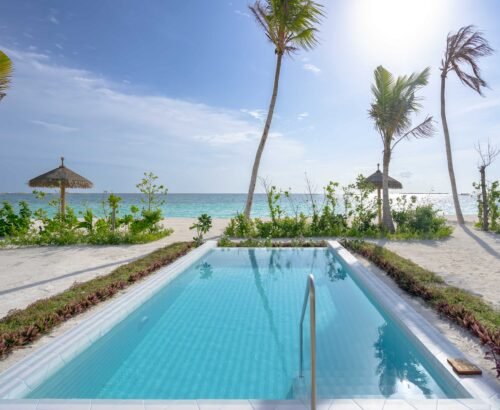 Private rectangular pool of a Beach Residence at Joy Island Maldives overlooking the white sand beach, turquoise lagoon, and palm trees under a bright blue sky