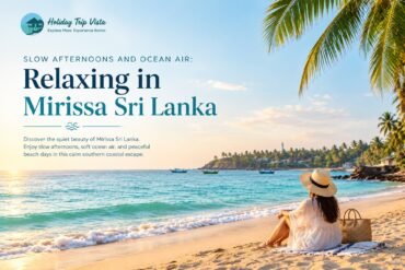 Peaceful Mirissa Sri Lanka beach with a traveler relaxing under palm trees beside the ocean during a calm afternoon