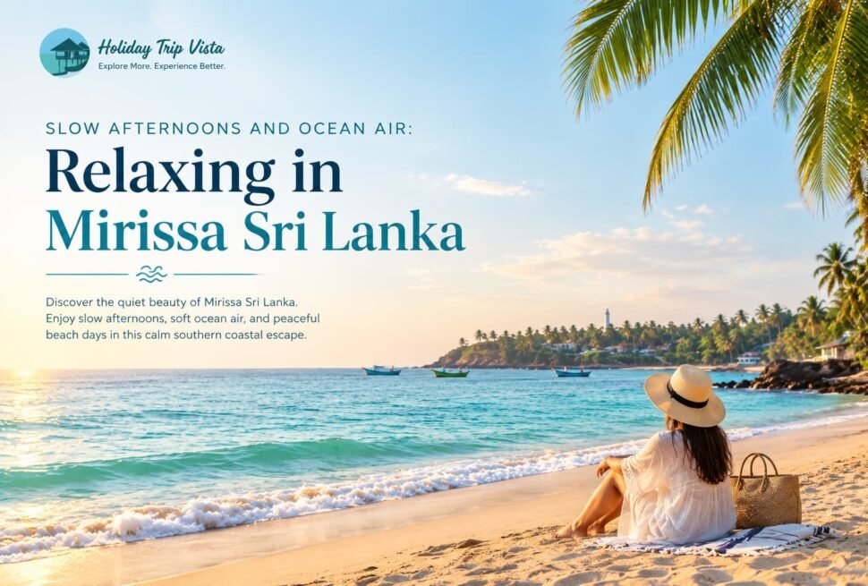 Peaceful Mirissa Sri Lanka beach with a traveler relaxing under palm trees beside the ocean during a calm afternoon