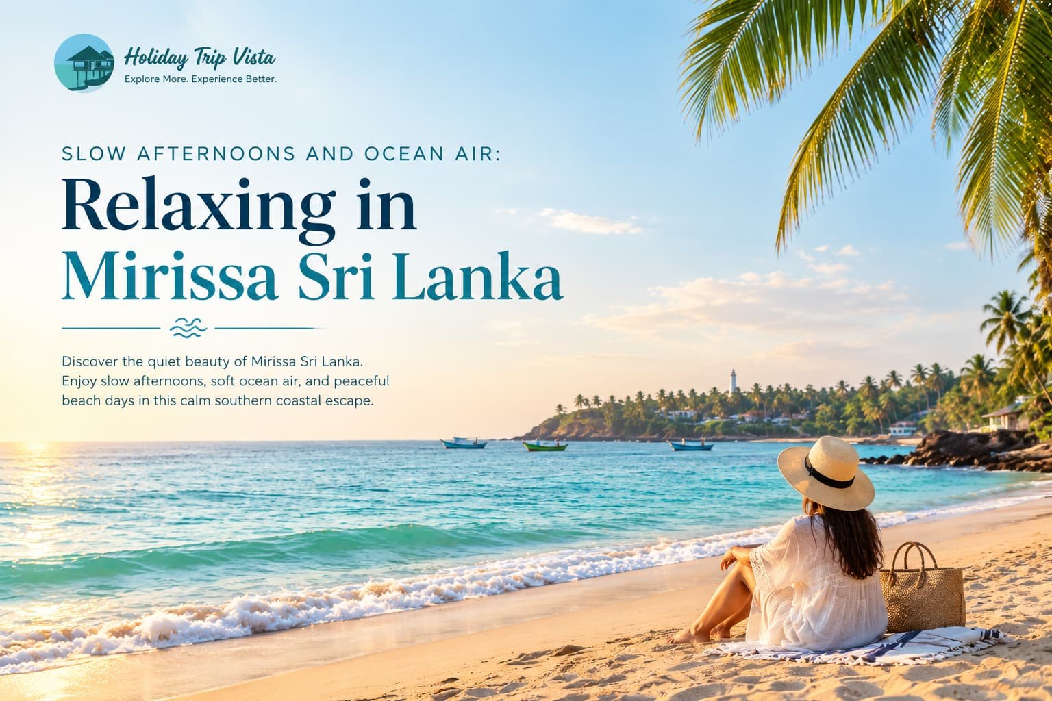 Peaceful Mirissa Sri Lanka beach with a traveler relaxing under palm trees beside the ocean during a calm afternoon