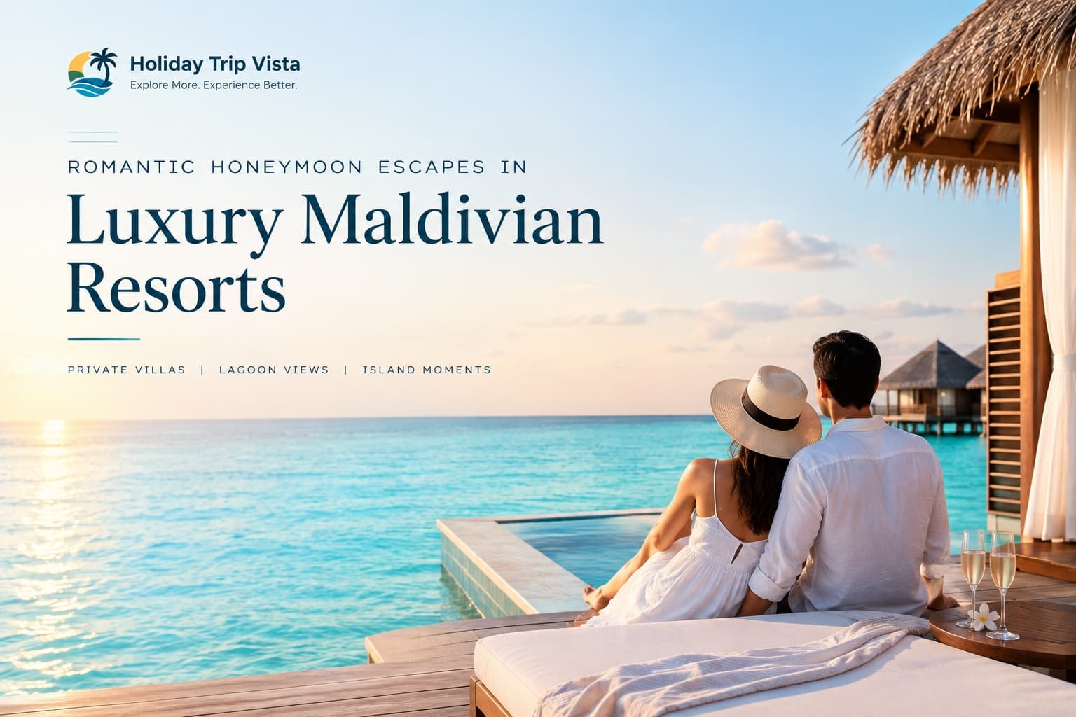 Romantic couple relaxing beside a private pool at a luxury overwater villa in the Maldives, surrounded by turquoise lagoon waters and tropical island scenery.