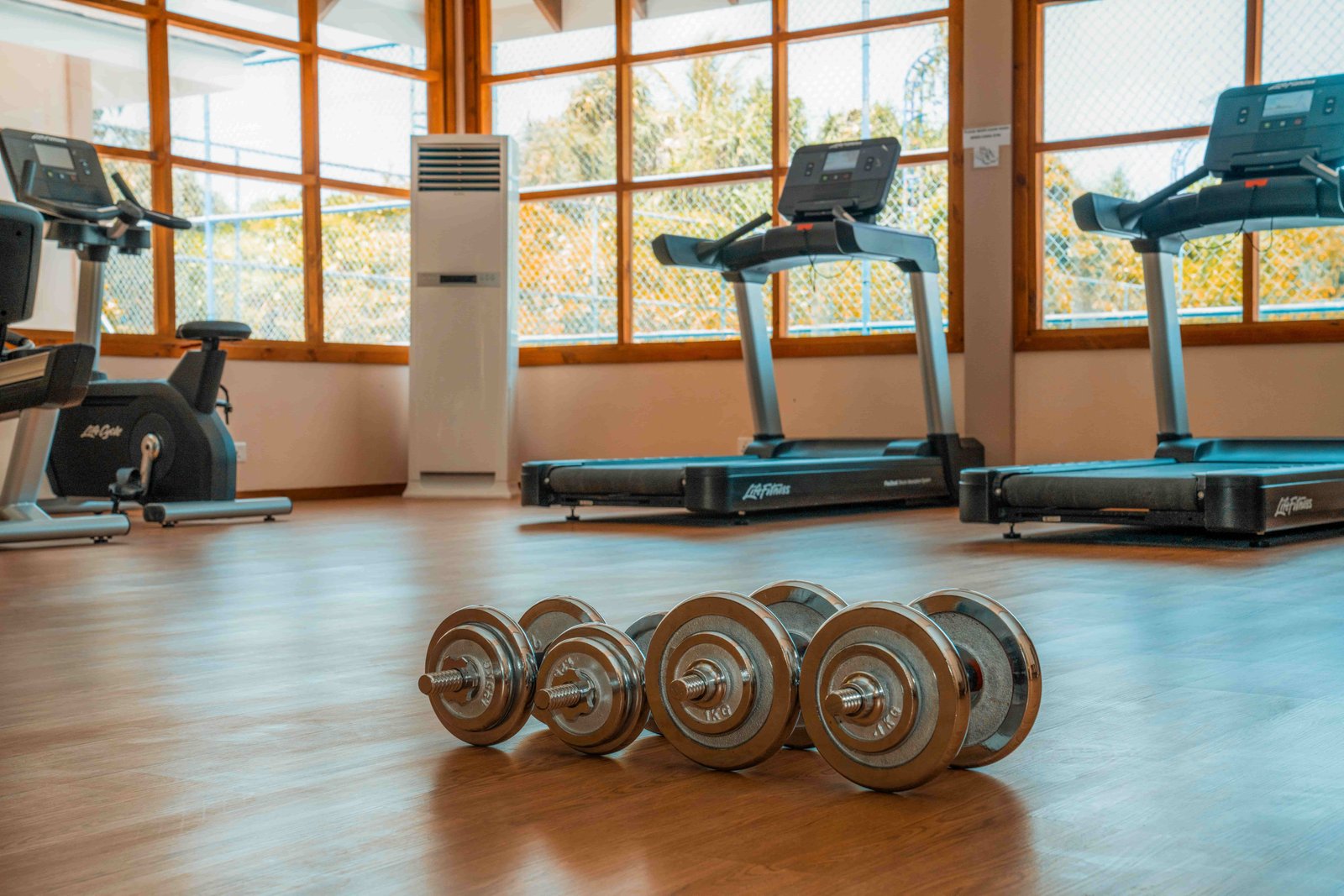 Fitness centre at Brennia Kottefaru Maldives featuring dumbbells in the foreground with treadmills and exercise equipment by large windows overlooking tropical palm trees