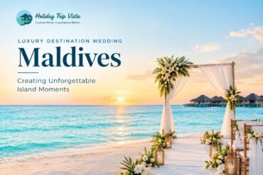 Romantic luxury destination wedding in the Maldives featuring an elegant beachfront ceremony setup, tropical flowers, turquoise lagoon, and white sandy beach.