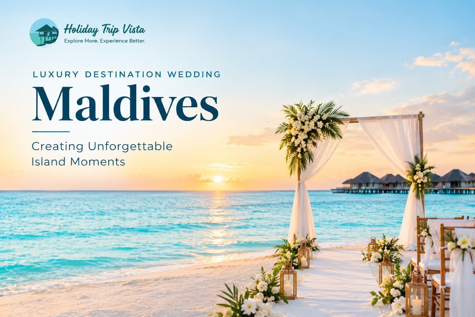 Romantic luxury destination wedding in the Maldives featuring an elegant beachfront ceremony setup, tropical flowers, turquoise lagoon, and white sandy beach.