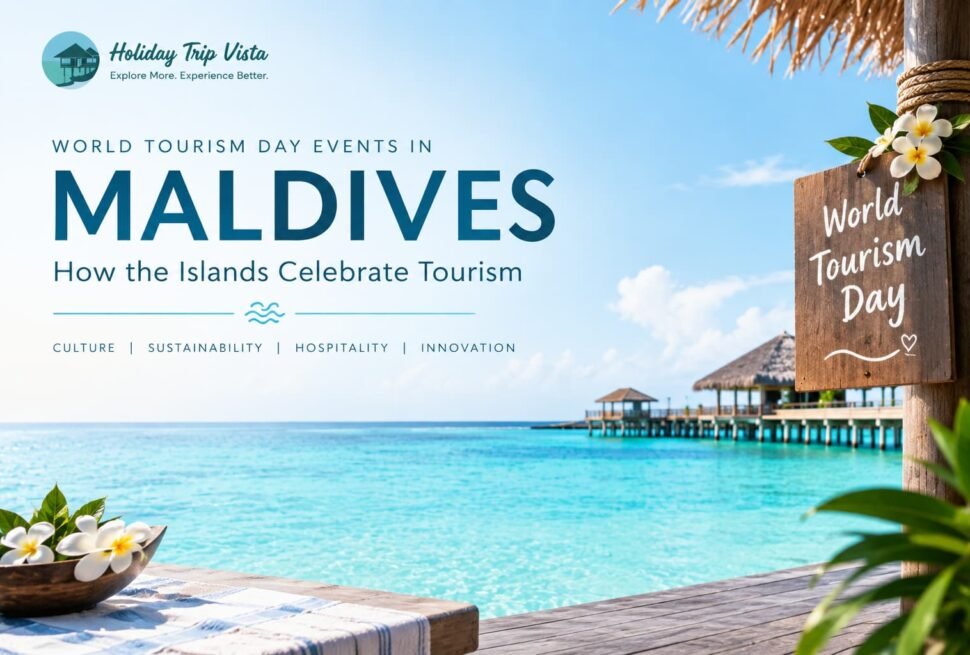 World Tourism Day celebration in Maldives featuring traditional Maldivian culture, tropical island scenery, and sustainable tourism activities