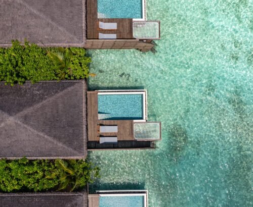 Aerial view of waterfront pool villas at dusitD2 Feydhoo Resort Maldives showing private infinity pools, wooden decks with sun loungers, thatched roofs, and crystal-clear turquoise lagoon water – a highlight of any Maldives tour package.