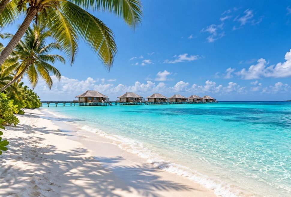 Maldives in winter with a white sand beach, turquoise lagoon and overwater villas