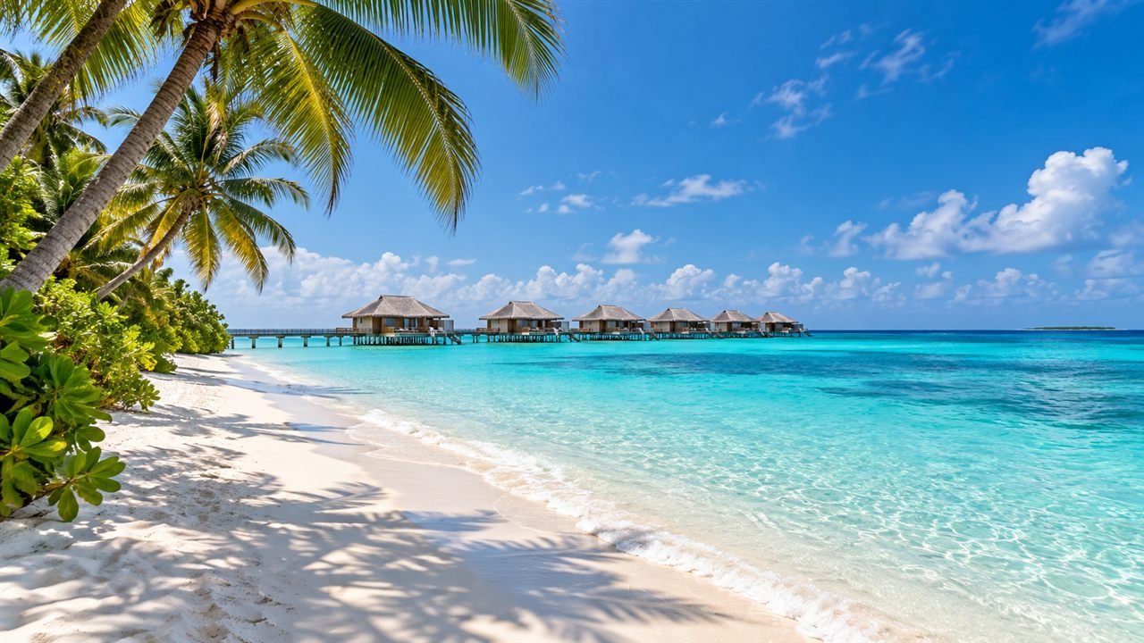 Maldives in winter with a white sand beach, turquoise lagoon and overwater villas