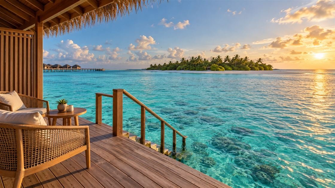 Water villa deck overlooking a turquoise lagoon for a Maldives in winter escape